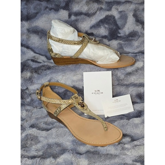 NWB Coach Ingrid Natural Print Snake Wedge Sandals Tan Gold Women\'s Size 7.5